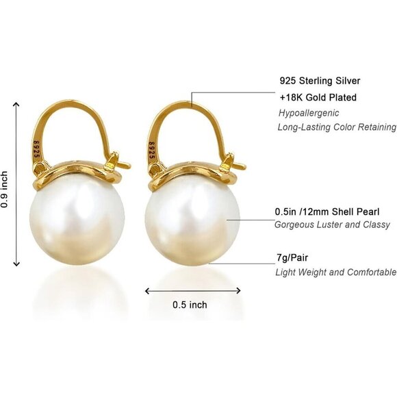 Women Gold Sterling Silver Pearl Drop Dangle Stud Plated Elegant Earring - Picture 6 of 7